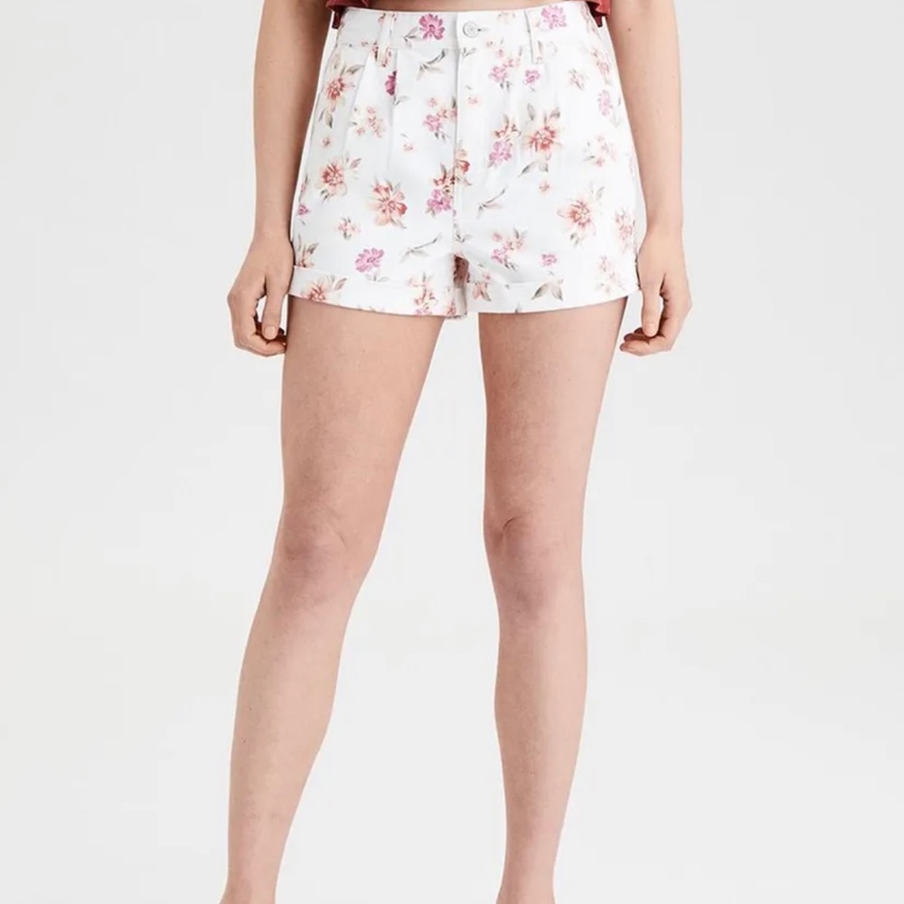 American Eagle High Waist Cuffed Mom Shorts Women's Size 2 Floral Print Denim
